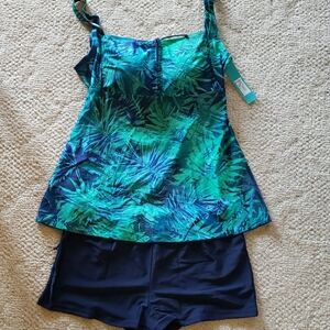 Tropical Leaf Print Tankini Top and Shorts Set